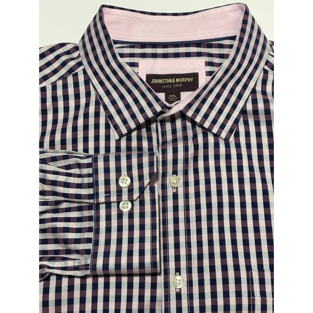 Johnston‎ Murphy Mens XXL Gingham Check Long Sleeve Button Down Shirt Pink Navy